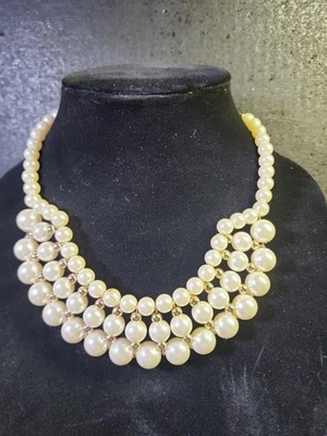 Triple Strand Faux Pearl Statement Necklace Gold Tone Collar Layered Bib - Image 1 of 3