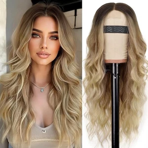 Damenperücke, lange gewellte Spitze, Mittelteil, Synthetik, 26 Zoll, ombre blond - Bild 1 von 8