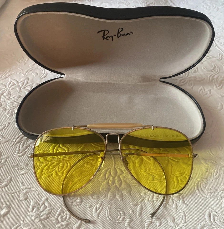 VINTAGE RAY-BAN AVIATOR SHOOTING GLASSES YELLOW LENS GOLD WIRE EAR WRAP FRAMES - Image 1 of 4