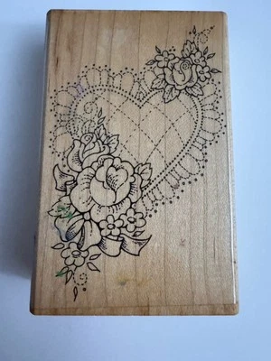 Flowers Lace Heart Pillow roses ribbon Rubber Stamp 1993 Wood Stampendous P02 - Image 1 of 4