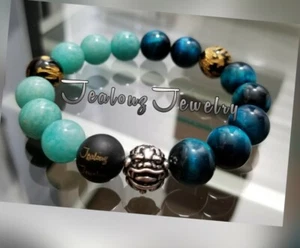 Sterling Silver Lucky Dragon Teal Blue Mens 12mm Gemstone Yoga Stretch Bracelet - Picture 1 of 2
