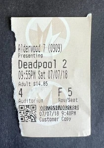 Boleto de película Deadpool 2 2018 vintage 7/07/18 - Imagen 1 de 1
