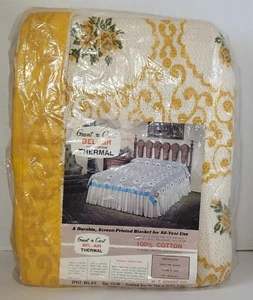 Vintage Grant Crest Bel Air Thermal Blanket 100% Cotton Twin Full Yellow Floral - Picture 1 of 12