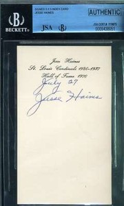 Jesse Haines Signed 3x5 Index Card Jsa Beckett Coa Authentic Autograph