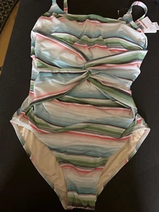 NWT Jantzen Striped Twisted Front One Piece SwimSuit Tummy Control Size 12 - Picture 1 of 13