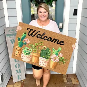 Green Cactus Print Welcome Door Mat 16x23 inches Front Door Rug Non Slip Carpet - Picture 1 of 11