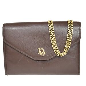 CHRISTIAN DIOR Logo Chain Mini Shoulder Bag Leather Brown Gold France 67YB468