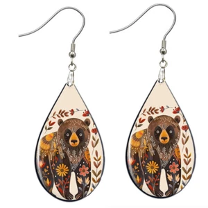 Folk Art Floral Brown Bear Earrings NO PLATING NO TARNISHING Wood Teardrop - Picture 1 of 5