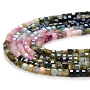 2MM Natural Multi Color Tourmaline AA Micro Faceted Diamond Cut Cube Beads (P43) - Picture 1 of 3