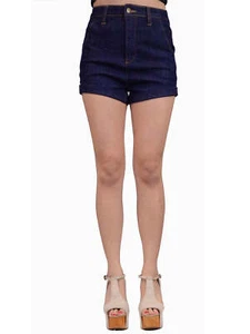 Uniq Urban Casual Dark Denim 5 Pockets High Waist Classic Mini Shorts - Picture 1 of 4