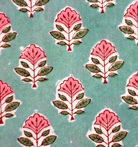 Green Pink Block Print Fabric By the Yard Floral Indian Fabric for Sewing - Picture 1 of 8