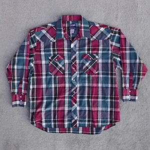 Camisa De Colección Wrangler Hombres 19-35 Roja Verde Cuadros Perla Corte Vaquero a Presión Colas X Largas - Imagen 1 de 9