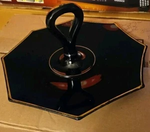Bandeja Tidbit Vintage 8 Caras Mango Octágono 10" Vidrio Negro Dorado Acentos  - Imagen 1 de 7