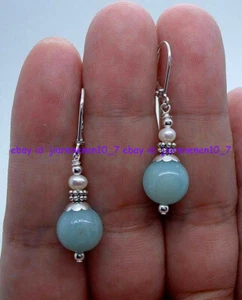 Natural 12mm Green Amazon Stone&6-7mm White Pearl Silver Hook Earrings - Picture 1 of 12