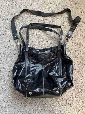 Tod's Coated Canvas Black Tote Handbag Purse Double Handles Long Crossbody Strap - Image 1 of 4