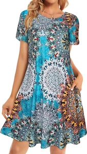 Womens Summer Dresses Beach Casual Loose Tshirt Floral Short Sleeve Flowy Pocket - Picture 1 of 12