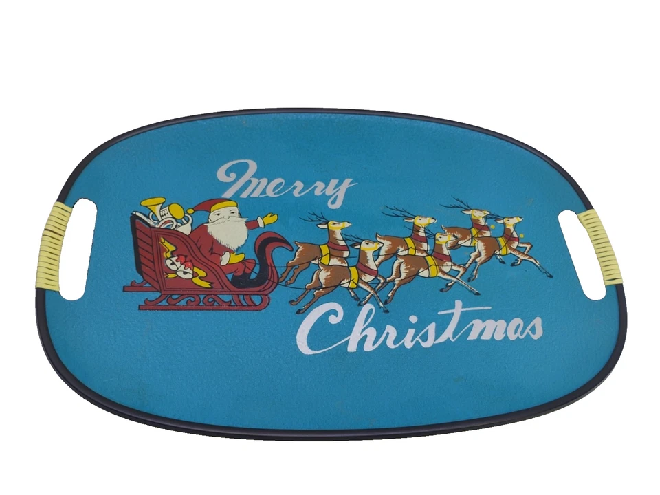 Bandeja de servir Navidad vintage MCM 50’s Papá Noel y Reno con asas Foto 1 de 4