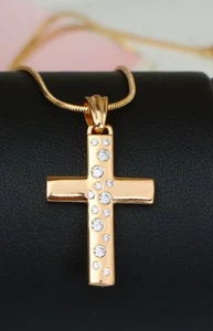 Rose Gold Cross Pendant with White Stones in Vertical Pattern Design, XPPT1605 - Picture 1 of 12