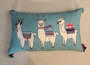 Drei Lamas Eier Quasten Gobelin türkis blau Lendenkissen Daunen - Bild 1 von 5