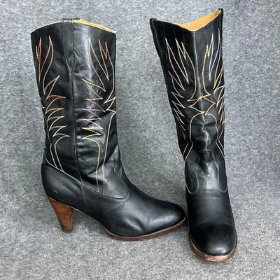 VTG Somi Western Biker Boots Women’s 8 Black Rainbow Embroidered Handmade  - Image 1 of 4