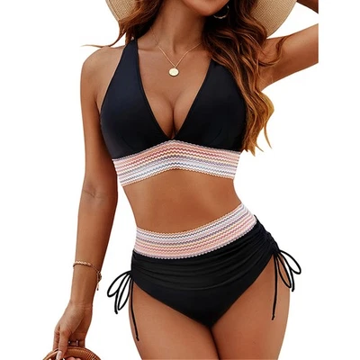 Conjuntos de bikini de cintura alta para mujer traje de baño de dos piezas con control de barriga bloque de color Ba Foto 1 de 4
