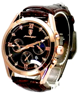 Neu Poedagar Roségold Mond Zifferblatt Mode Datum Sport Leder Wasserdicht Lumino - Bild 1 von 14
