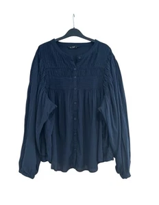 F&F Navy Blue Smock Top Blouse Size 22 Long Sleeved Button Up Cotton Gathered - Picture 1 of 6