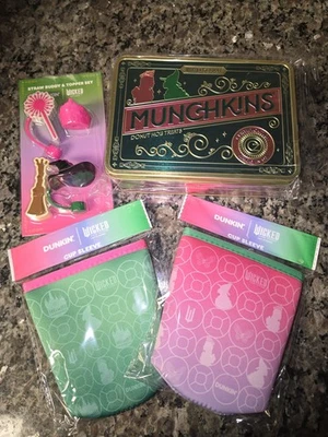 Dunkin Donuts Wicked Munchkin Tin, Straw Toppers, Green, Pink Cup Sleeve Set  - Image 1 of 2