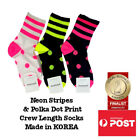 Women's Fluoro Neon Tri-Stripe and Polka Dot Print Crew Socks Made in KOREA
