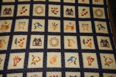 Maywood Studio Folk Art Fancies Black primitive cotton flannel fabric BTY yd cat - Image 1 of 4
