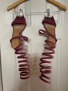 Anne Michelle Pink Velvet Strappy Wrap Around The Leg Heels SZ 11 - Picture 1 of 11