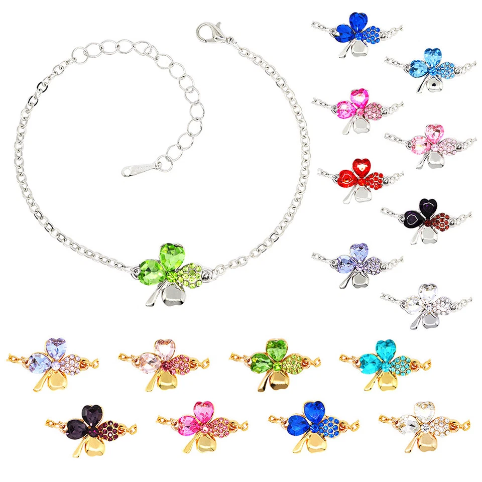 Damen Armband Armkette Kleeblatt Clover Zirkonia Kristalle Herz Glück Geschenk - Bild 1 von 1