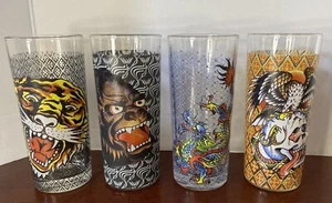 Don Ed Hardy Designs Highball Glasses - Set Of 4 - Tiger Gorilla Dragon Skull - Picture 1 of 8