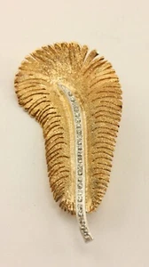 14k yellow gold 0.25ct diamond feather leaf pin brooch 1.75 inch 8.87g estate - Picture 1 of 7