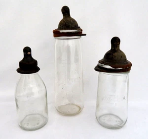 Antique Glass Baby Bottles with Rubber Nipples ~ 3 Piece - Picture 1 of 12