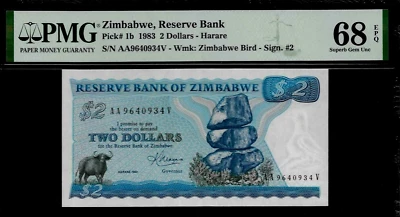 Zimbabwe 2 Dollars 1983 PMG 68 EPQ UNC P#1b PMG Population 3/0 Top Grade - Image 1 of 2
