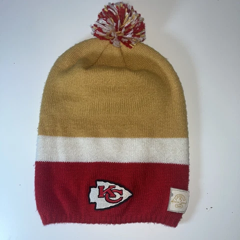 Kansas City KS Chiefs Beanie Hat Red Yellow Retro Sport Poof Ball One Size Cover