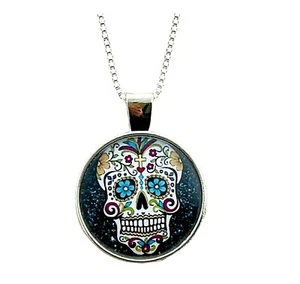 Sugar Skull Necklace Dia De Muertos Domed Glass 20" Sterling Silver Chain - Picture 1 of 2