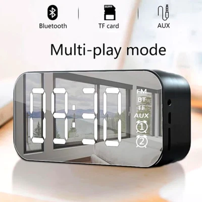 Reloj Despertador Con Espejo LED Radio FM De Bluetooth Música Inalámbrico Alarma - Image 1 of 4