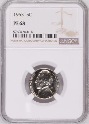 1953 Jefferson Nickel 5 Cents NGC, PF 68, PR68 - Image 1 of 2