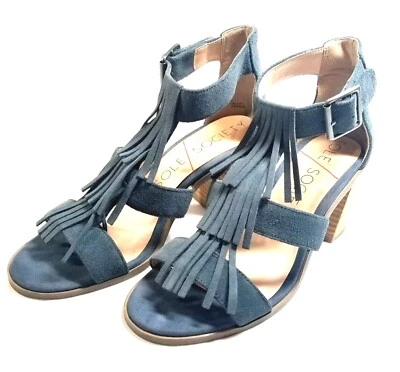 Sole Society Gamuza Sexy Azul Flecos Sandalia Talla 8 Boho Tacón Grueso Foto 1 de 4
