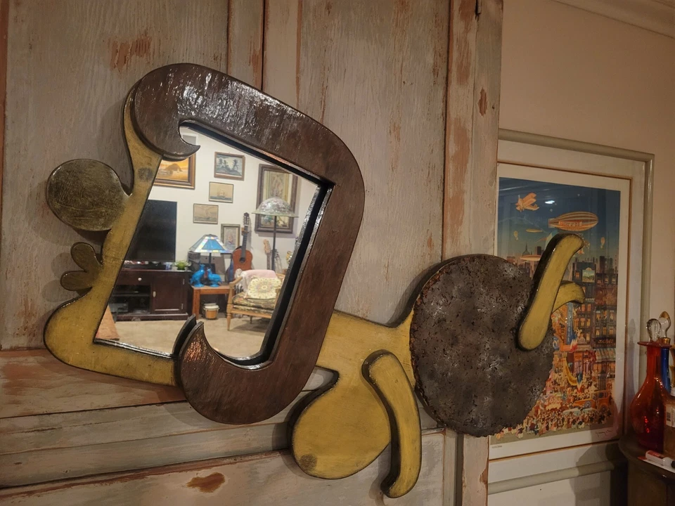 Espejo retro vintage de madera para dama MCM Picasso estilo modernista arte popular hecho a mano  Foto 1 de 4