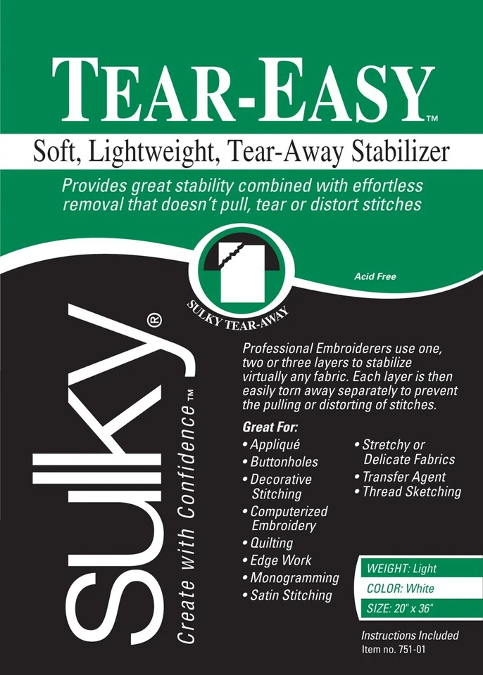 751-01 - Tear Easy Tear-Away Stabliser White 20in x 1yd - Sulky - Image 1 of 1