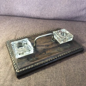 Edwardianischer Schreibtisch Tintenfass Tintenständer Metallgriff Eichenfuß geschliffene Glasflaschen Calamaio - Bild 1 von 15