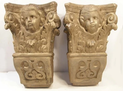 ANTIGUO PR FUNDIDO YESO ROCOCÓ RENACIMIENTO MÉNSULAS APLIQUES QUERUBÍN PUTTI 14" ALTO Foto 1 de 4