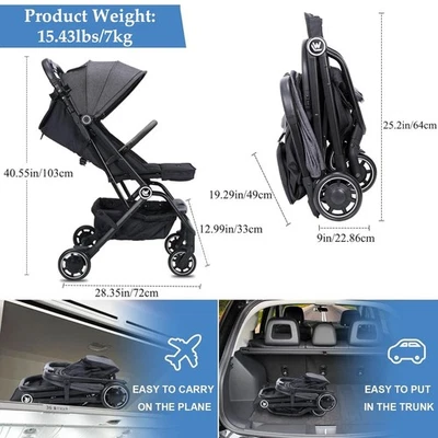 Lightweight Travel Stroller One-Hand Fold Compact Pram Airplane Approved - Image 1 of 4