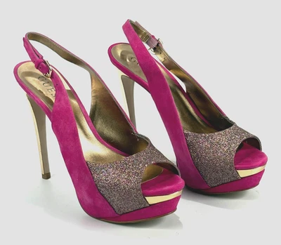 De Colección Guess Sillito Tacones Altos Rosa Gamuza Sandalias Plataforma Talla 7.5M Y2k Clubbing Foto 1 de 4