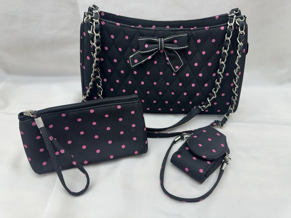 Juego de bolso de hombro acolchado a lunares negro y rosa - 3, correa de cadena y detalle de lazo Foto 1 de 4