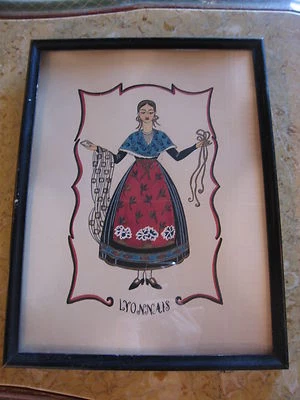 Pintura antigua vintage gouache/guache moda Lyonnais/niña Foto 1 de 4