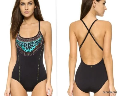 Maiô NANETTE LEPORE tamanho S bordado com miçangas MANTRA GODDESS X-Back 1 peça $152 - Imagem 1 de 4